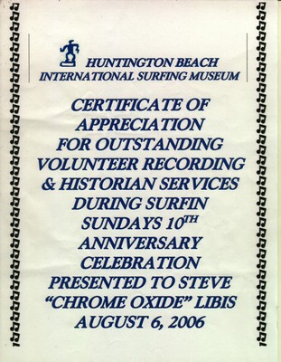 Huntington Beach International Surf Museum - certificate of appreciation 2006